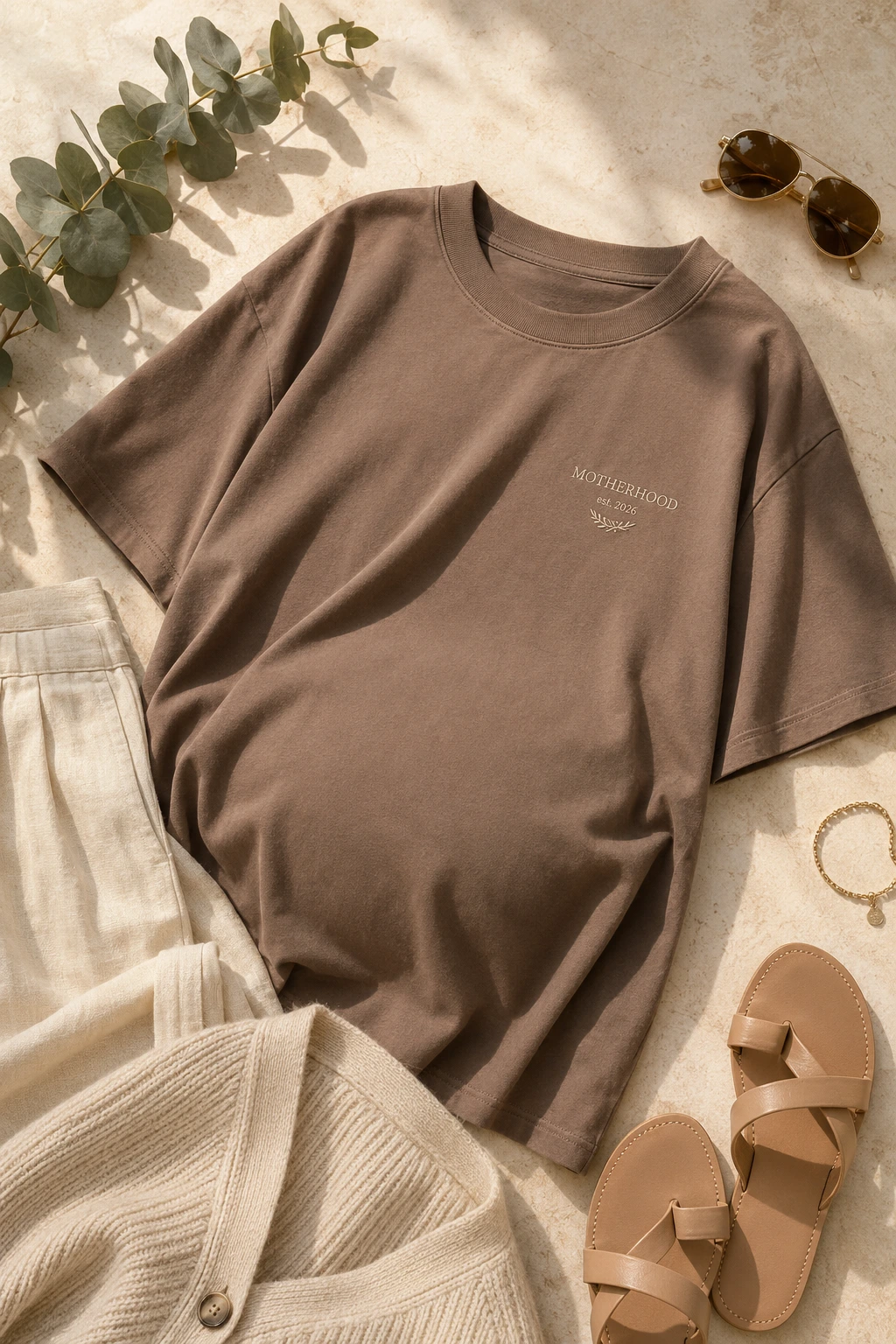 Liora Motherhood maternity tee styled in warm mocha taupe