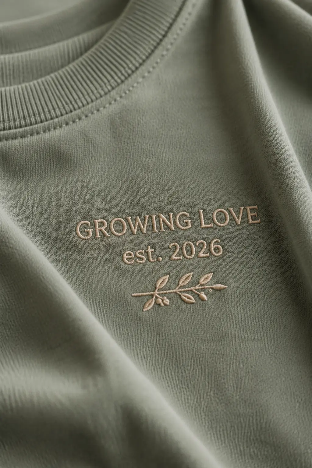 Close detail of tonal Growing Love embroidery
