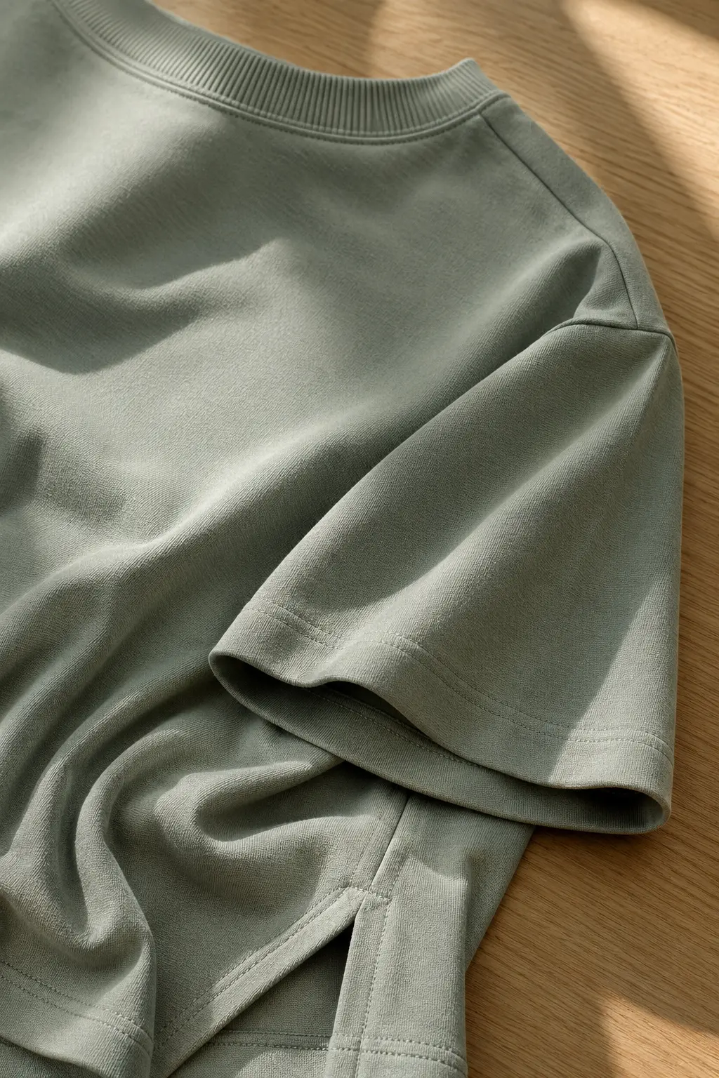 Dusty sage fabric and relaxed seam detail